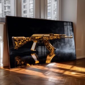 Quadro AK47 Luxo Dourada – Arte Moderna Exclusiva em Alumínio