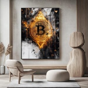 Quadro Bitcoin Dourado – Arte Moderna Criptomoedas em Alumínio