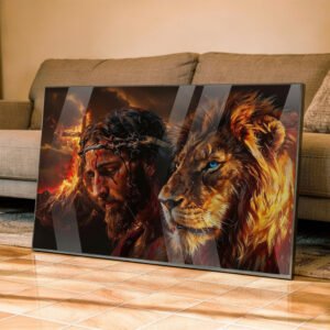 Quadro Jesus e Leão – Arte Religiosa Poder e Fé em Alumínio