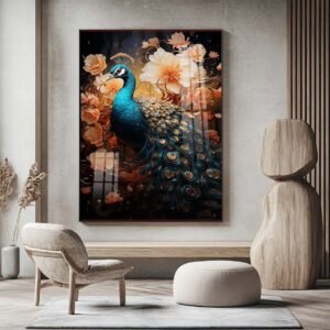 Quadro Pavão Elegante – Arte Floral Luxuosa